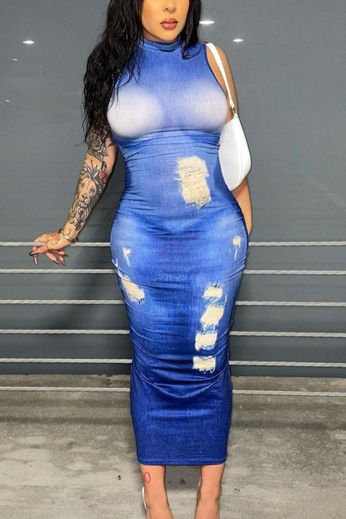 Sexy slight stretch fake denim printing bodycon midi dress