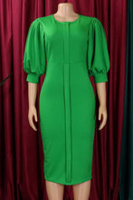 Load image into Gallery viewer, Casual slight stretch 4 colors crew neck puff sleeve midi dress