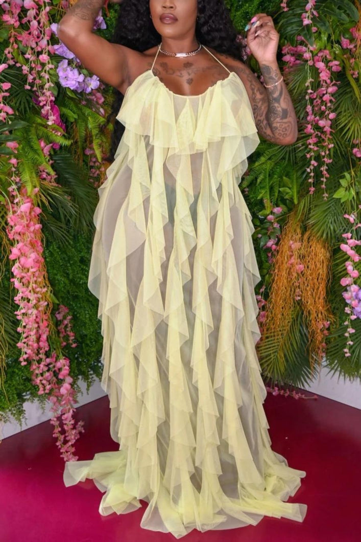 Sexy non-stretch see through ruffle tassel maxi dress(no panty)