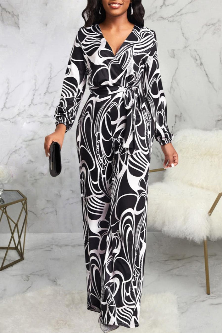 Casual slight stretch batch printing with belt jumpsuit