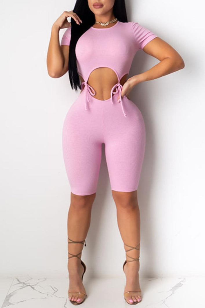 Sexy solid color stretch hollow lace-up zip-up playsuit