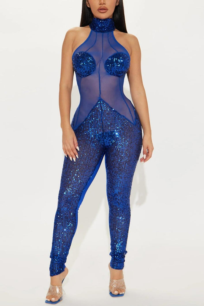 Sexy slight stretch sequins mesh see-through halter neck slim jumpsuit