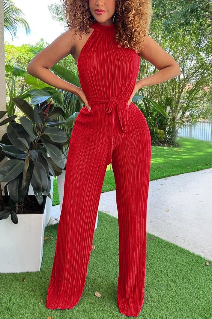 Stylish 6 colors stretch sleeveless with belt jumpsuit