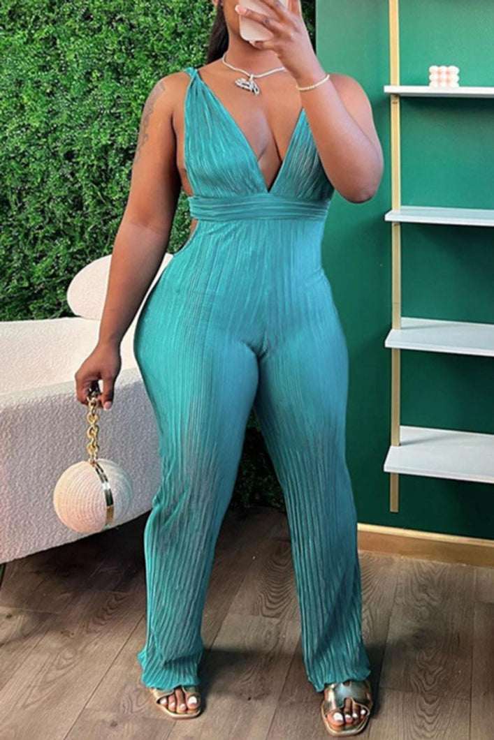 Sexy slight stretch solid color deep v-neck backless lace-up jumpsuit