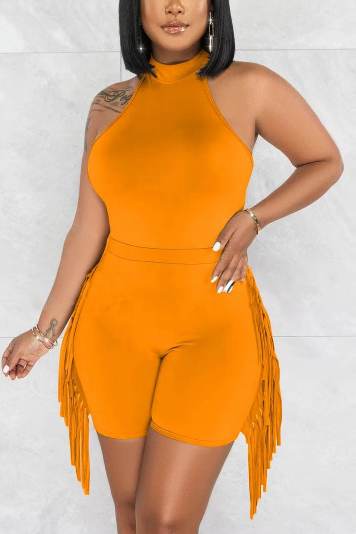 Stylish 5 colors stretch bodysuit with tassel slim shorts set