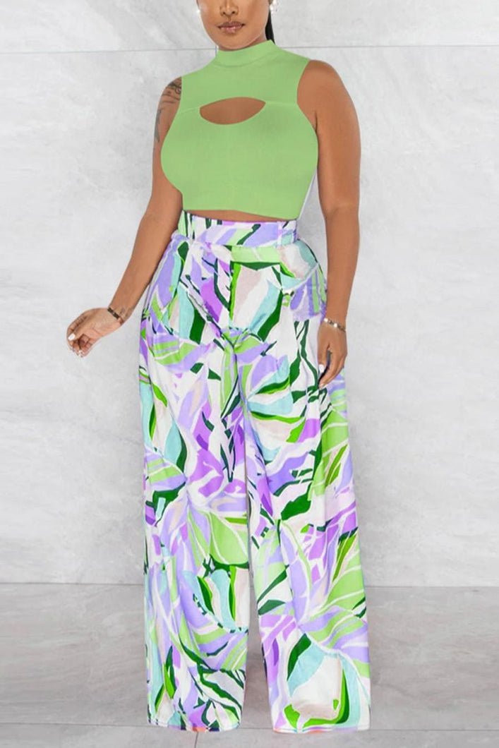 Casual slight stretch printing hollow wide-leg pants sets