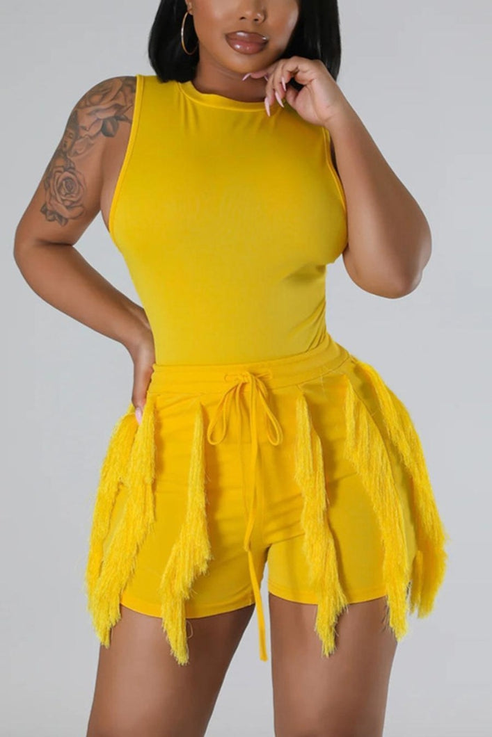 Stylish 8 colors slight stretch bodysuit with tassel shorts set(new add colors)