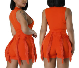 Stylish 8 colors slight stretch bodysuit with tassel shorts set(new add colors)