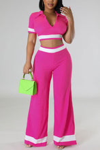 Load image into Gallery viewer, Stylish stretch color-block crop top with wide-leg pants set