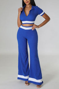 Stylish stretch color-block crop top with wide-leg pants set