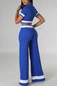 Stylish stretch color-block crop top with wide-leg pants set