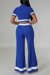 Stylish stretch color-block crop top with wide-leg pants set