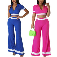 Load image into Gallery viewer, Stylish stretch color-block crop top with wide-leg pants set