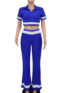 Stylish stretch color-block crop top with wide-leg pants set