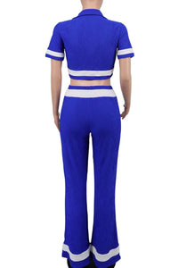 Stylish stretch color-block crop top with wide-leg pants set