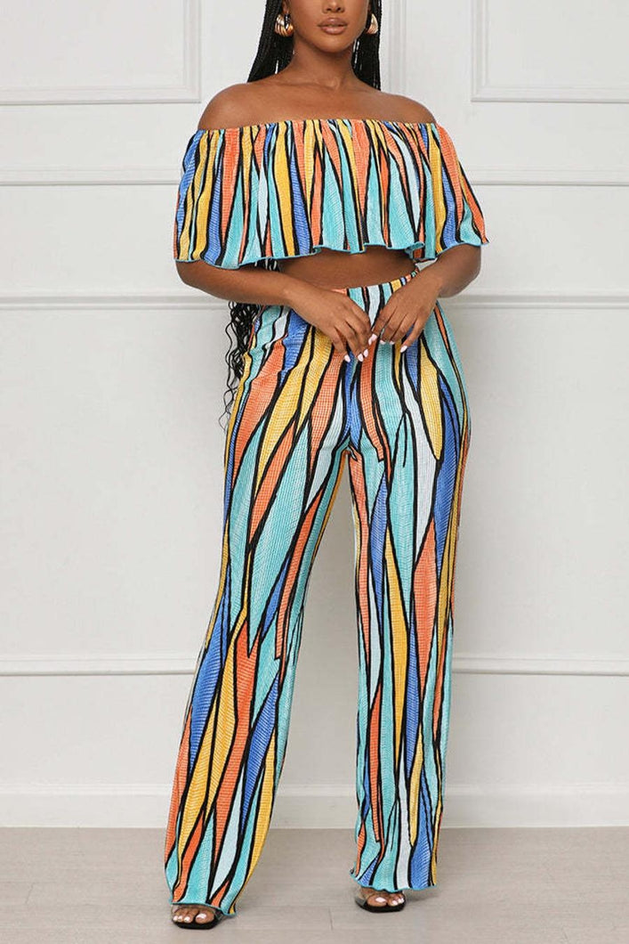 Bohemian slight stretch geometric print off shoulder pants sets