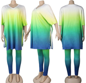 S-5XL slight stretch gradient color v-neck pants sets