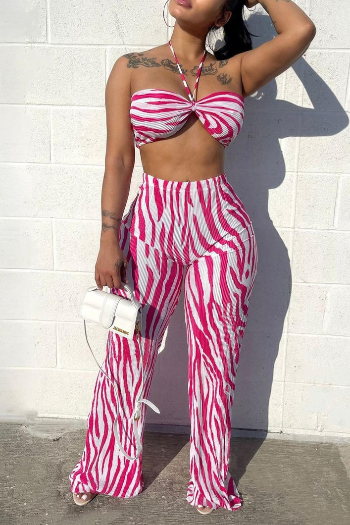 Sexy slight stretch stripe printing halter neck backless pants sets