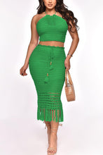 Load image into Gallery viewer, Sexy slight stretch solid color halter-neck lace-up midi skirt sets