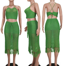 Load image into Gallery viewer, Sexy slight stretch solid color halter-neck lace-up midi skirt sets