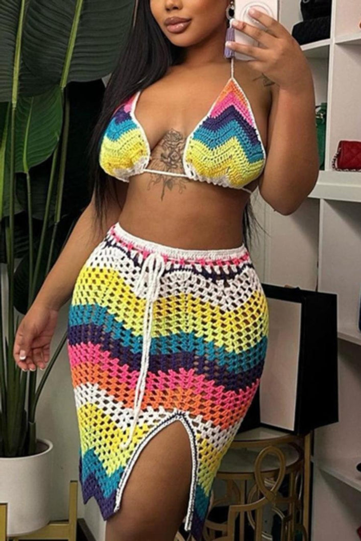 Sexy stretch wave knitted halter-neck high waist cutout slit skirt set