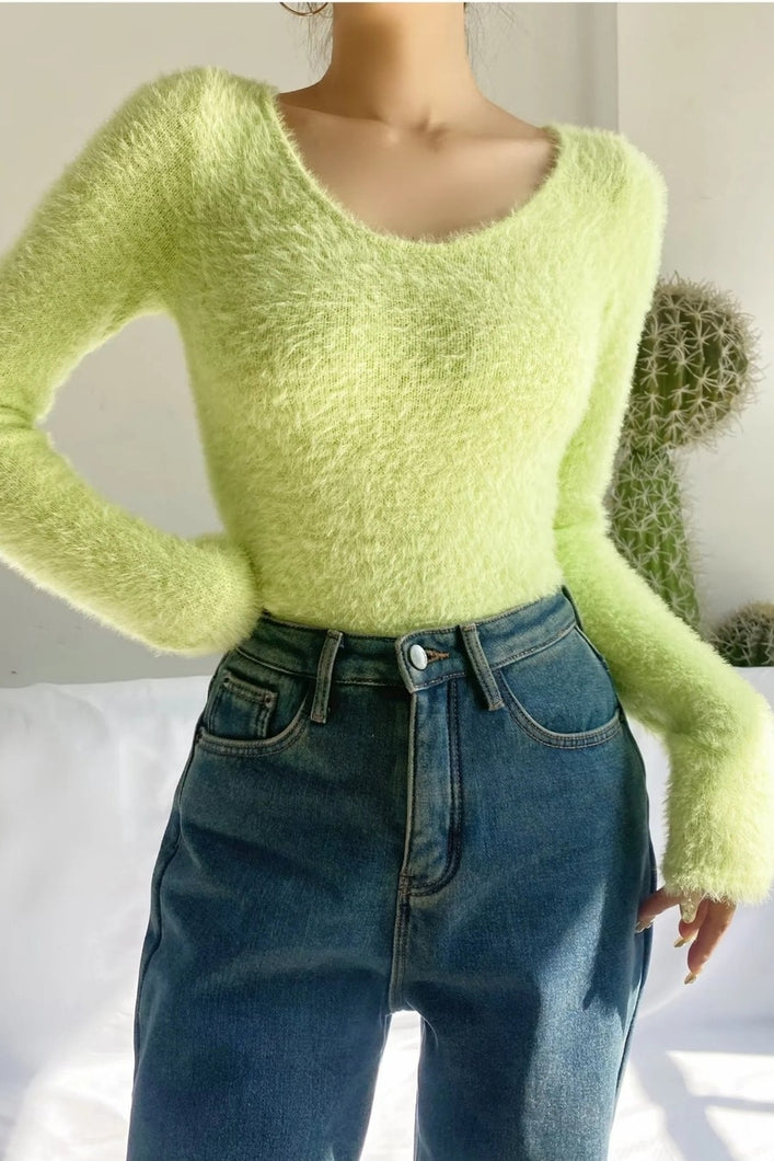 Three colors slight stretch long sleeve stylish fuzzy knitted bodysuit