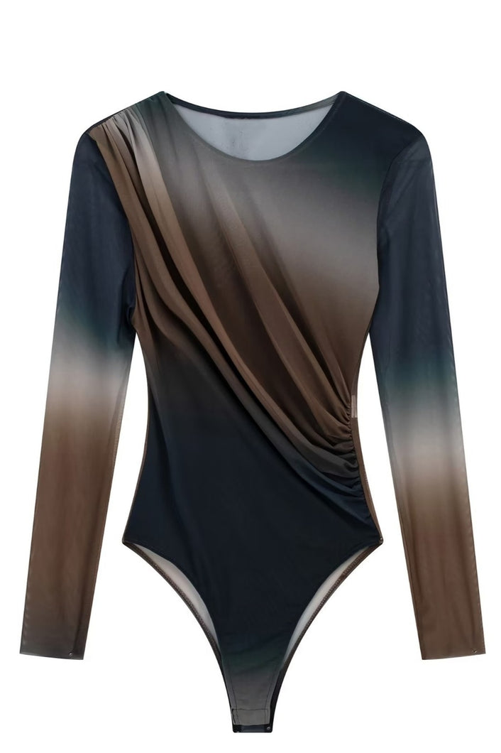 Gradient color see through mesh high stretch shirring sexy all-match bodysuit