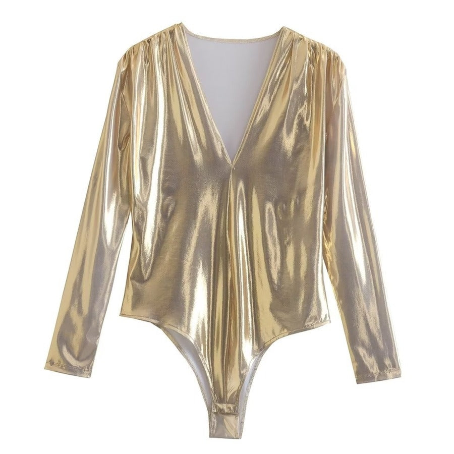 Non-stretch bronzing fabric v-neck pleated stylish bodysuit