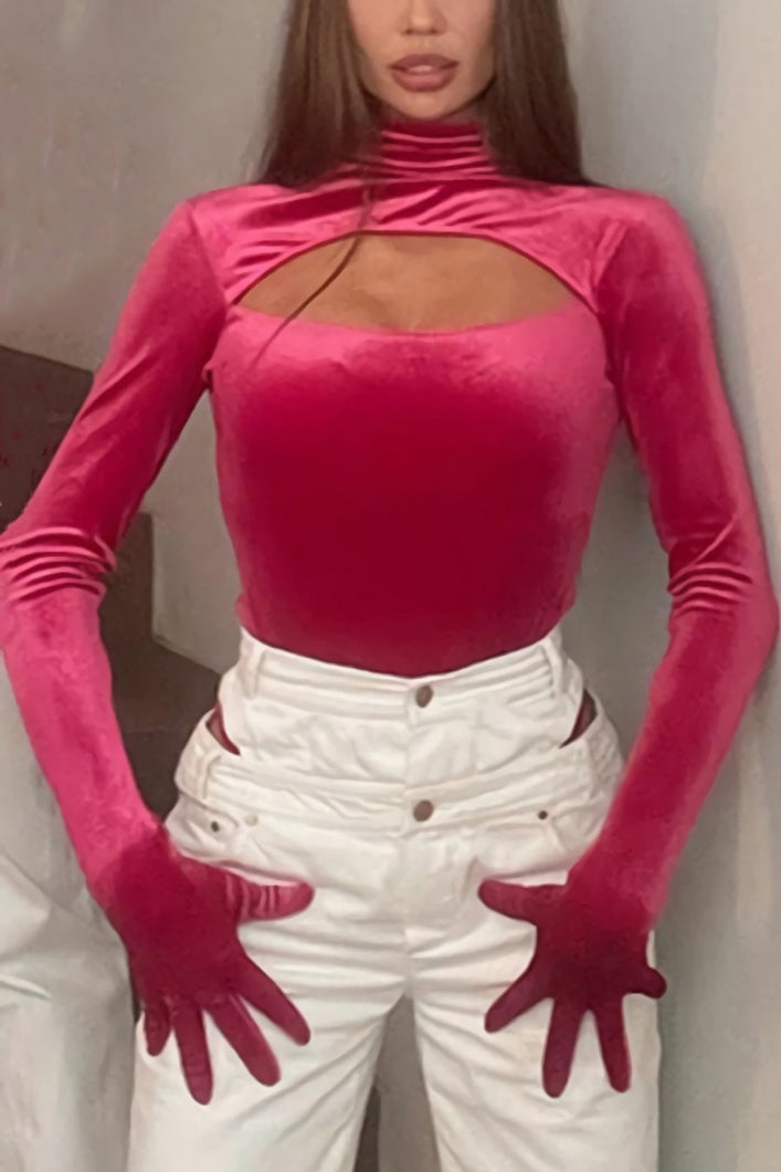 Slight stretch solid color velvet hollow slim even gloves sexy bodysuit