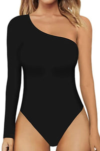 Sexy slight stretch simple solid color slim one shoulder bodysuit Exquisite