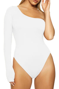 Sexy slight stretch simple solid color slim one shoulder bodysuit Exquisite