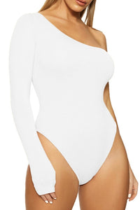 Sexy slight stretch simple solid color slim one shoulder bodysuit Exquisite