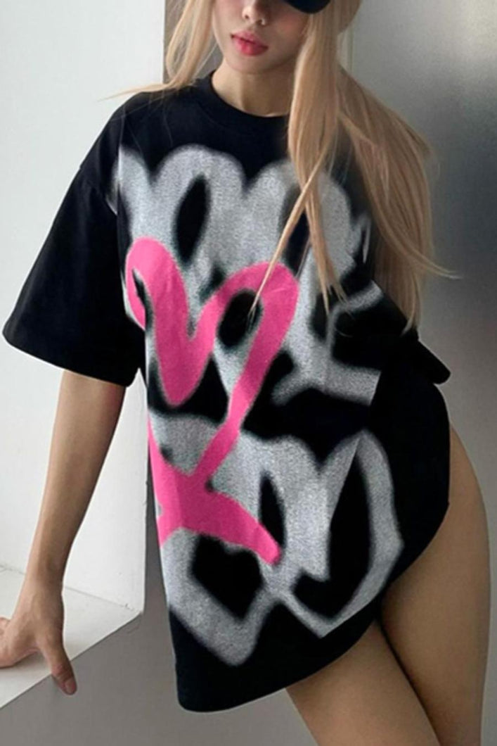 Casual slight stretch heart printing crew neck t-shirts