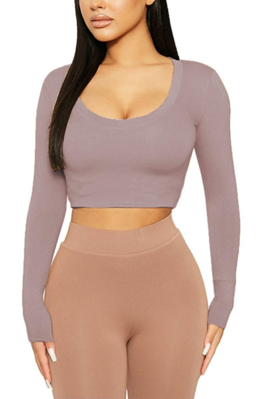 Stylish solid color stretch long sleeve slim top