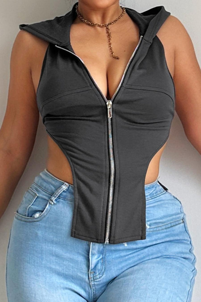 Sexy solid color slight stretch zip-up backless irregular hooded top