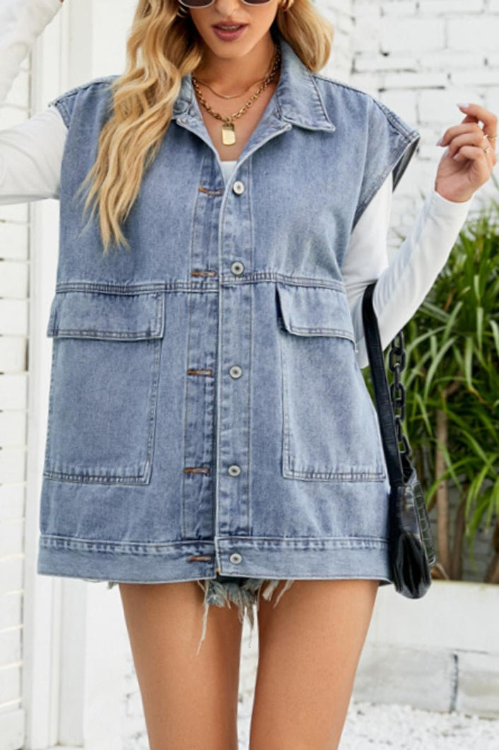 XS-XL casual non-stretch denim pocket button loose vest