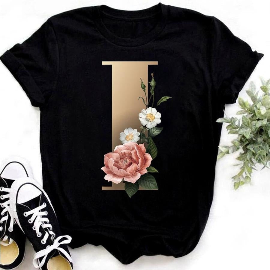 Casual slight stretch letter 'I' floral print short sleeve t-shirt
