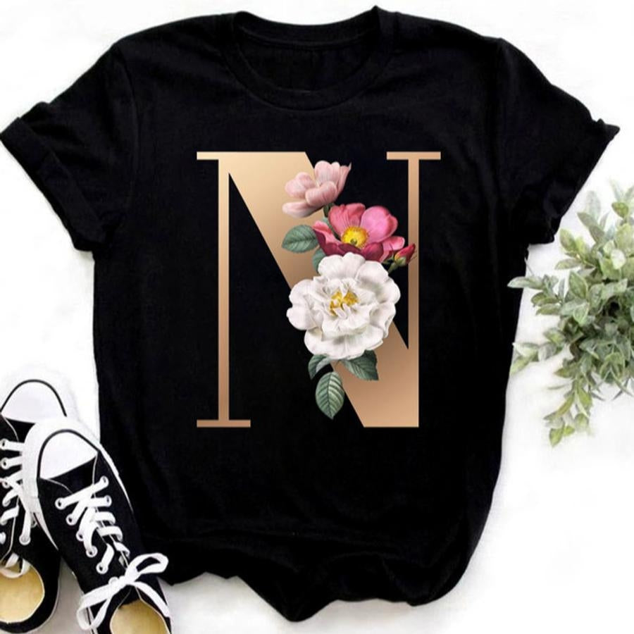 Casual slight stretch letter 'N' floral print short sleeve t-shirt