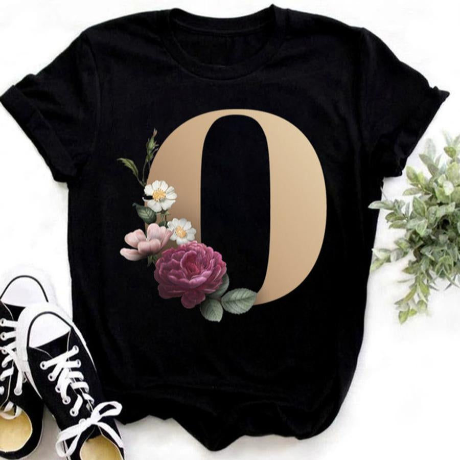 Casual slight stretch letter 'O' floral print short sleeve t-shirt