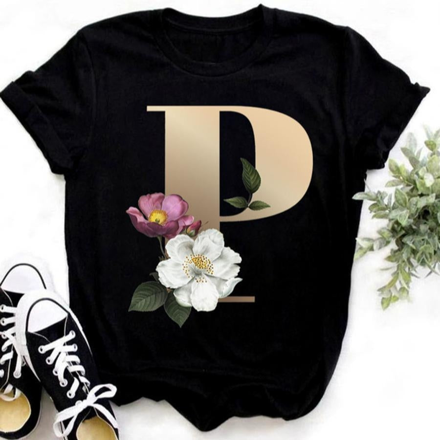 Casual slight stretch letter 'P' floral print short sleeve t-shirt