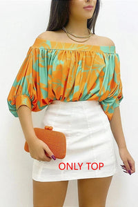 Stylish stretch batch printing off-the-shoulder bat sleeve all-match top Casual Tops