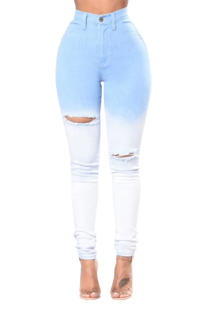 New stylish gradual color printing holes stretch tight casual jeans