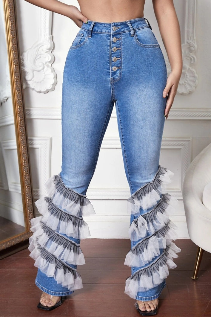 S-2XL spring micro-elastic high waist ruffle spliced pockets button zip-up stylish flare jeans