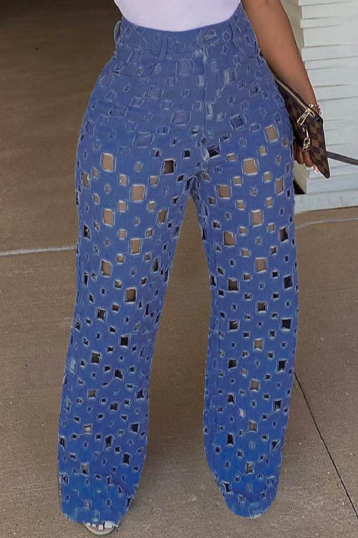 Non stretch denim holes high waist tied stylish jeans