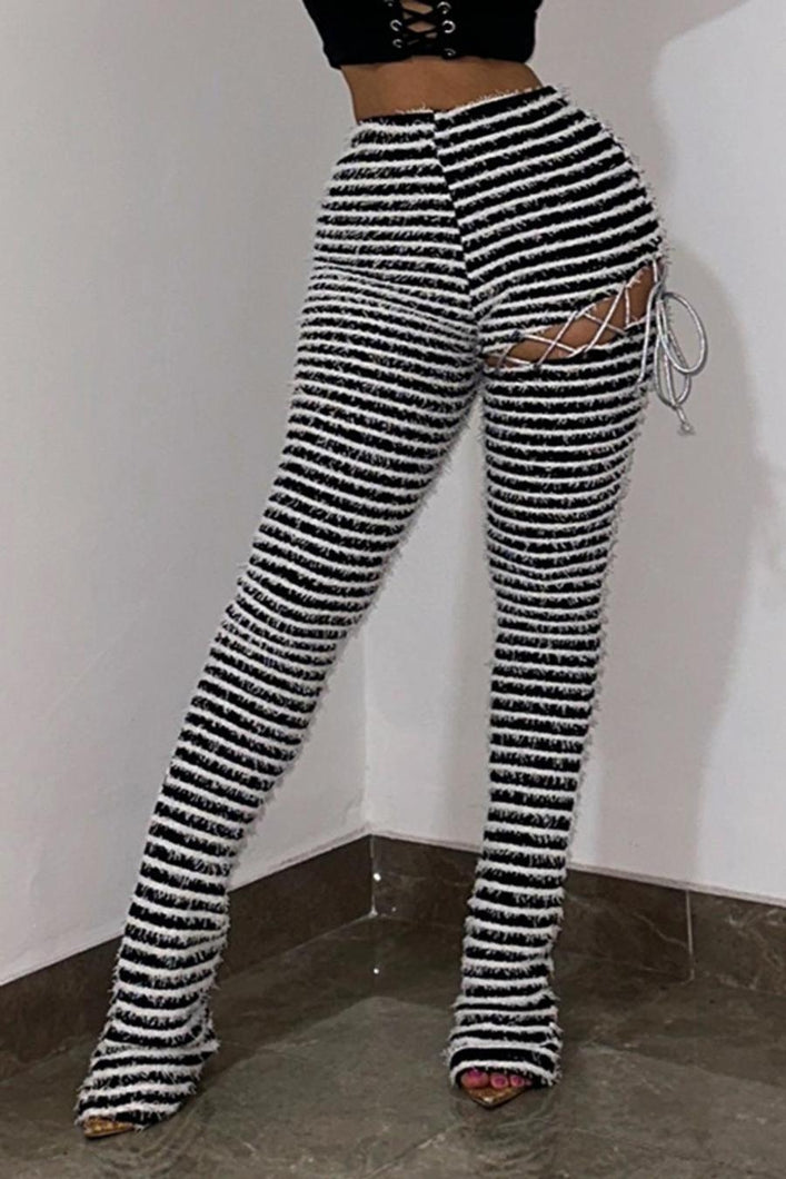 Slight stretch lace-up stripe cutout pants