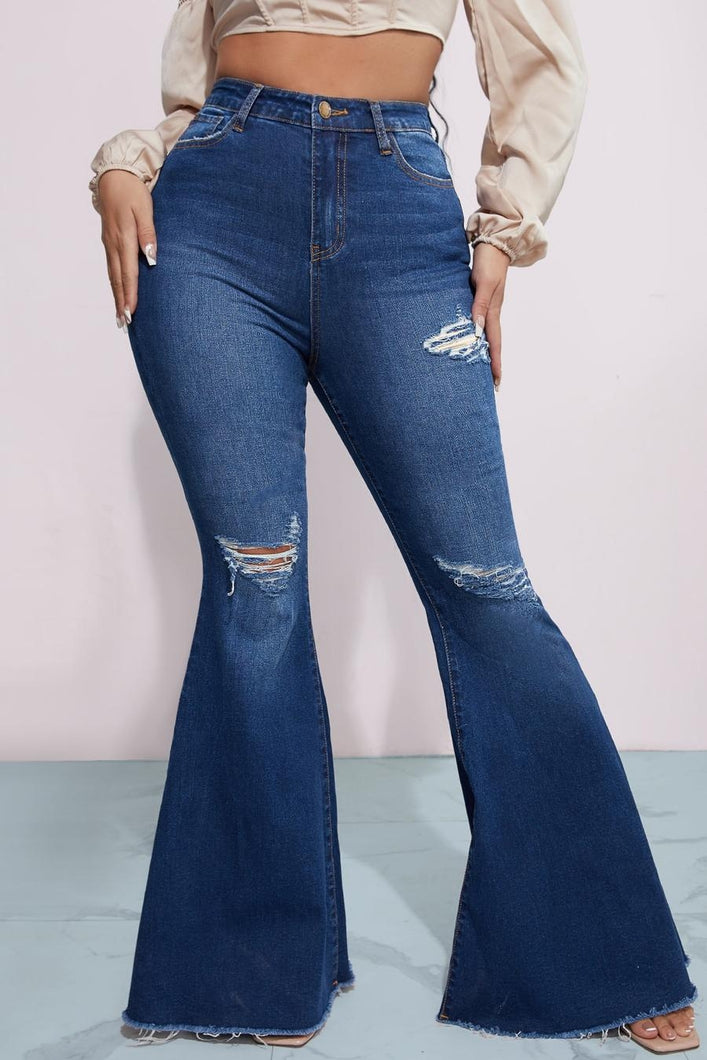 Stylish xs-3xl slight stretch denim hole high waist zip-up flared jeans