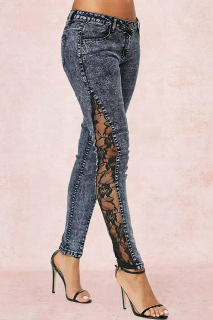 Casual plus size slight stretch lace denim spliced slim zip-up jeans