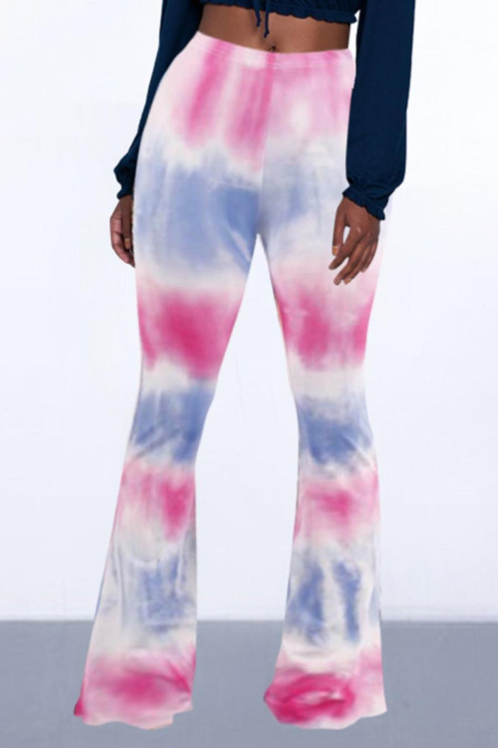 Casual high stretch multicolor tie dye high waist slim bell-bottoms