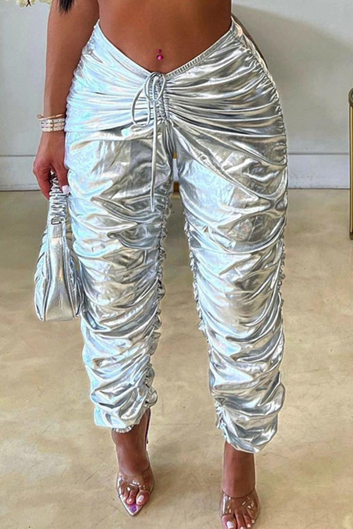Sexy pu leather slight stretch drawstring shirring pants