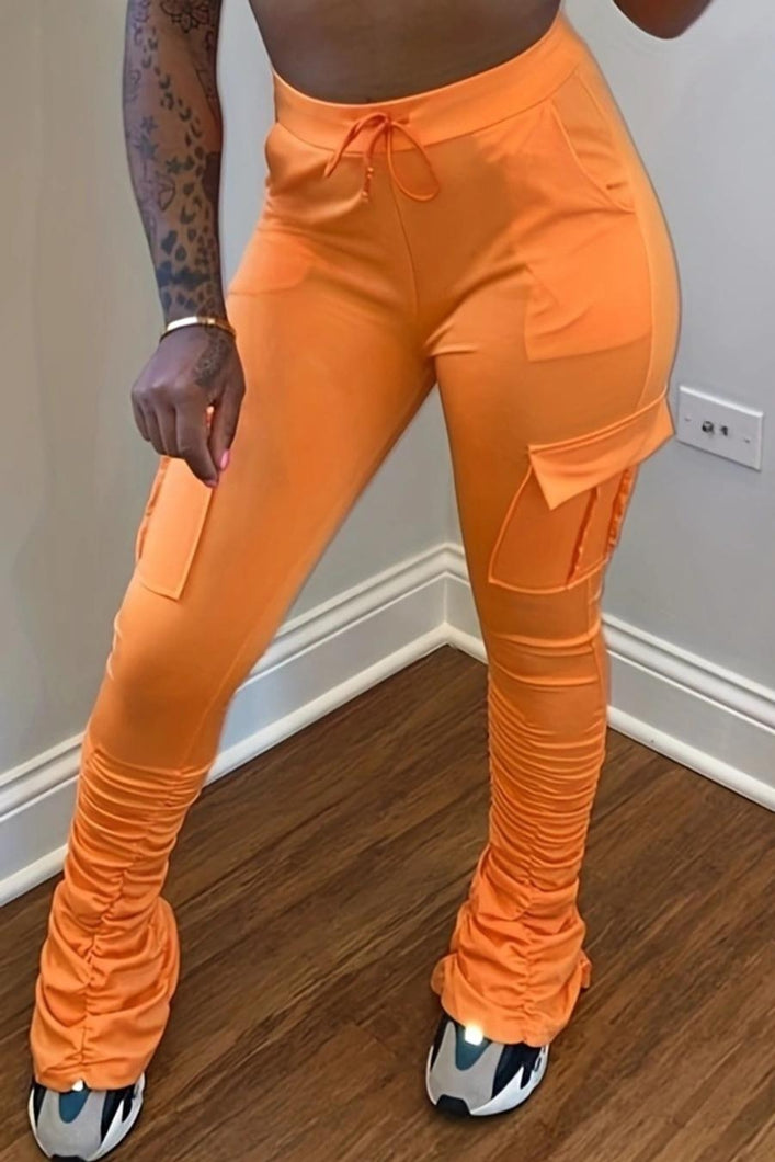 Casual solid color drawstring orange shirring pockets pants